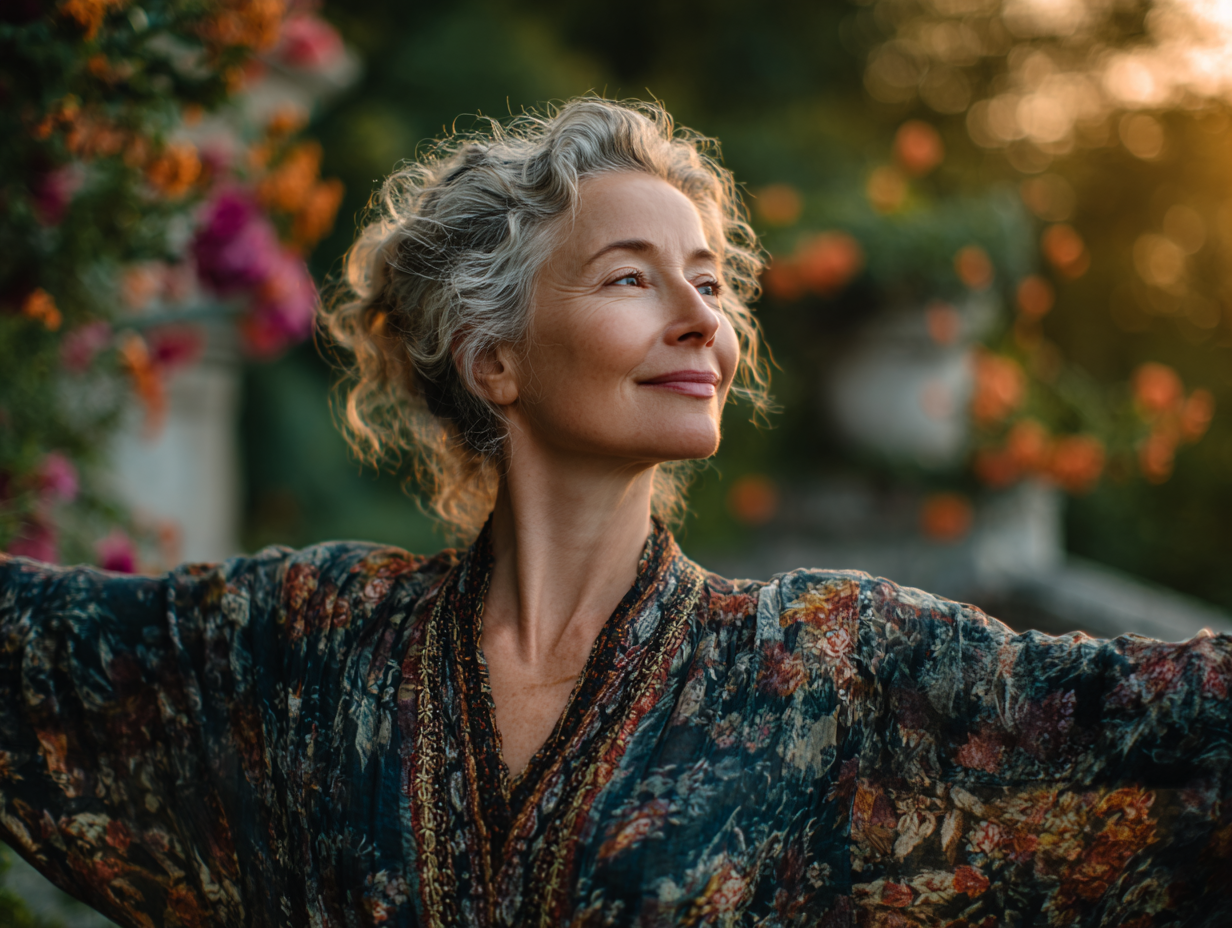 Група людей зрілого віку займається йогою на природі